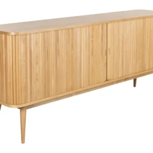 Sideboard Barbier 180 mit vertikalen Rillenmustern und zwei Schiebetüren in Eschenfurnier, Gesamtansicht von schräg vorne.