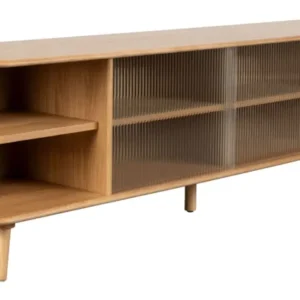 Sideboard Rise Large in Natural mit offenen Fächern, gerillten Glastüren und Ablagefächern, Gesamtansicht.