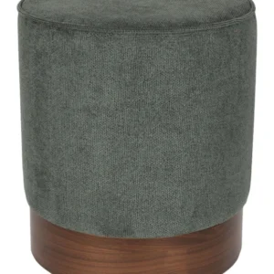 Hocker Bellevue von Dutchbone mit grünem Polsterstoff und Walnussholz-Sockel in Gesamtansicht.