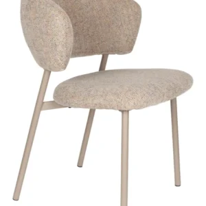 Esszimmerstuhl Jasmine im 2er-Set mit beigefarbenem Polsterbezug und Metallgestell in Beige, Gesamtansicht von vorne.