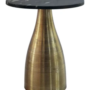 Beistelltisch Rund 40 cm Gold mit schwarzer Marmorplatte und konischem Metallgestell, Gesamtansicht.