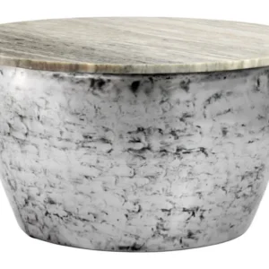 Couchtisch Wohnling rund 60 cm mit runder Marmorplatte in Hellgrau und silbernem Metallgestell, Gesamtansicht.
