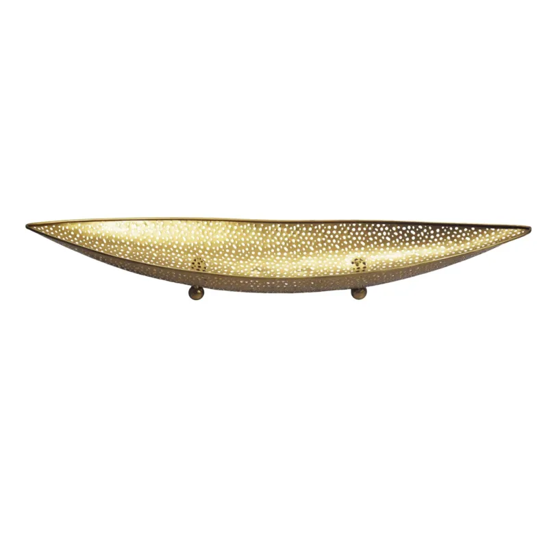 Obstschale Gold Oval 60 cm mit Lochmuster in Gesamtansicht von oben, ovale Metallschale mit Durchbruchoberfläche.