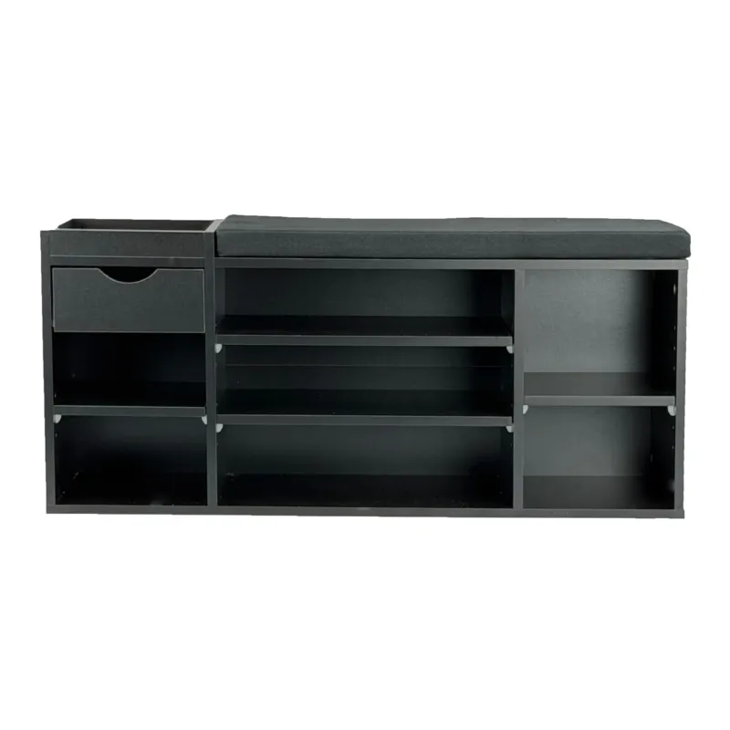 Schuhbank Flur Schwarz 100 cm mit Sitzkissen, Schublade und Regalböden in Gesamtansicht.
