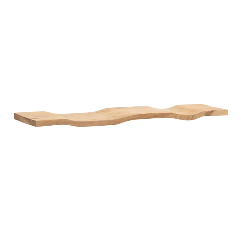 Wandregal Akazie 80 cm mit geschwungener Wellenform aus Massivholz in Seitenansicht.