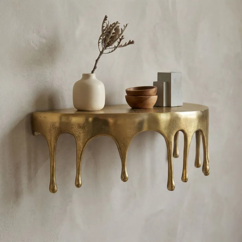 Wandregal Drops 45 cm aus Aluminium in Gold mit tropfenförmigen Aussparungen, Gesamtansicht mit Dekoration.