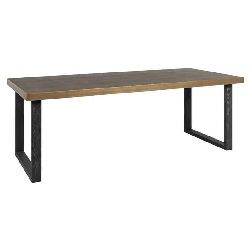 Esstisch Bloomville Brass Shagreen 230 cm mit grauer Holzplatte und schwarzem Eisengestell von vorne.
