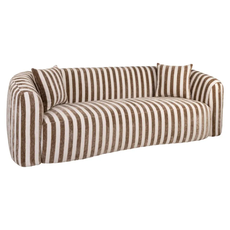 Sofa Luxandra Stripes Sand mit vertikalen braun-weißen Streifen in Gesamtansicht von der Seite.