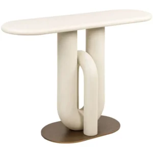 Konsole Winslow White mit ovaler Tischplatte und geschwungenem Holzgestell, Gesamtansicht.
