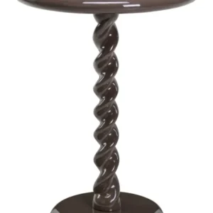Runder Beistelltisch Caspian Chestnut mit glänzender Oberfläche und gedrehtem, spiralförmigem Mittelfuß in Gesamtansicht.