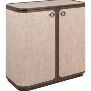 Sideboard Willox mit Eichengestell und beigem Leinenbezug, Gesamtansicht der zweitürigen Front mit abgerundeten Ecken.