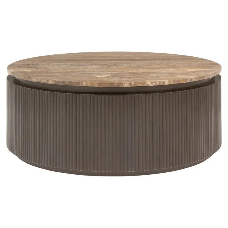 Couchtisch Russo rund mit Travertinplatte und gerilltem Gestell in Ash Brown, Gesamtansicht.