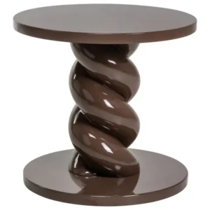 Beistelltisch Coco Chestnut mit spiralförmigem Gestell aus Harz und runder Tischplatte, Gesamtansicht.