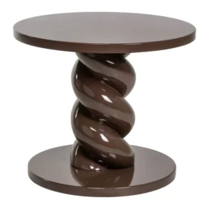 Beistelltisch Celeste Chestnut mit runder Tischplatte und gedrehtem Mittelsäulenfuß in Kastanienbraun, Gesamtansicht.