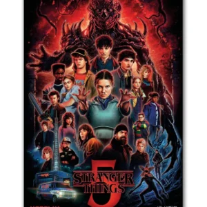 Stranger Things Staffel 5 Poster Motiv One Sheet mit Eleven und den Hauptcharakteren vor rotem Himmel in Hawkins