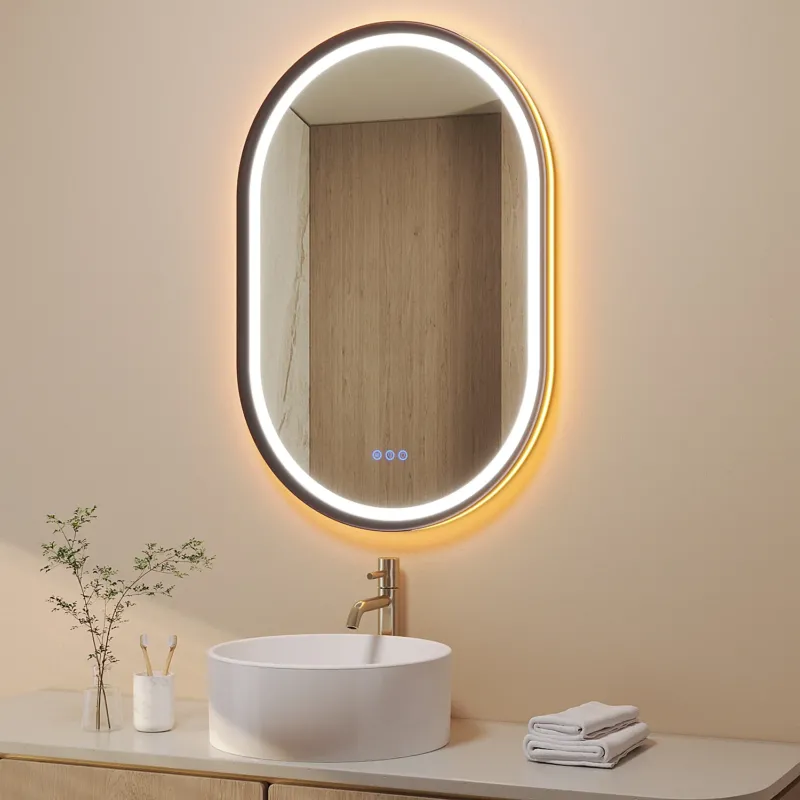 Badspiegel mit Beleuchtung Oval schwarz 60 x 90 cm Aluminiumrahmen direkter und indirekter LED-Beleuchtung Antibeschlag Touch dimmbar