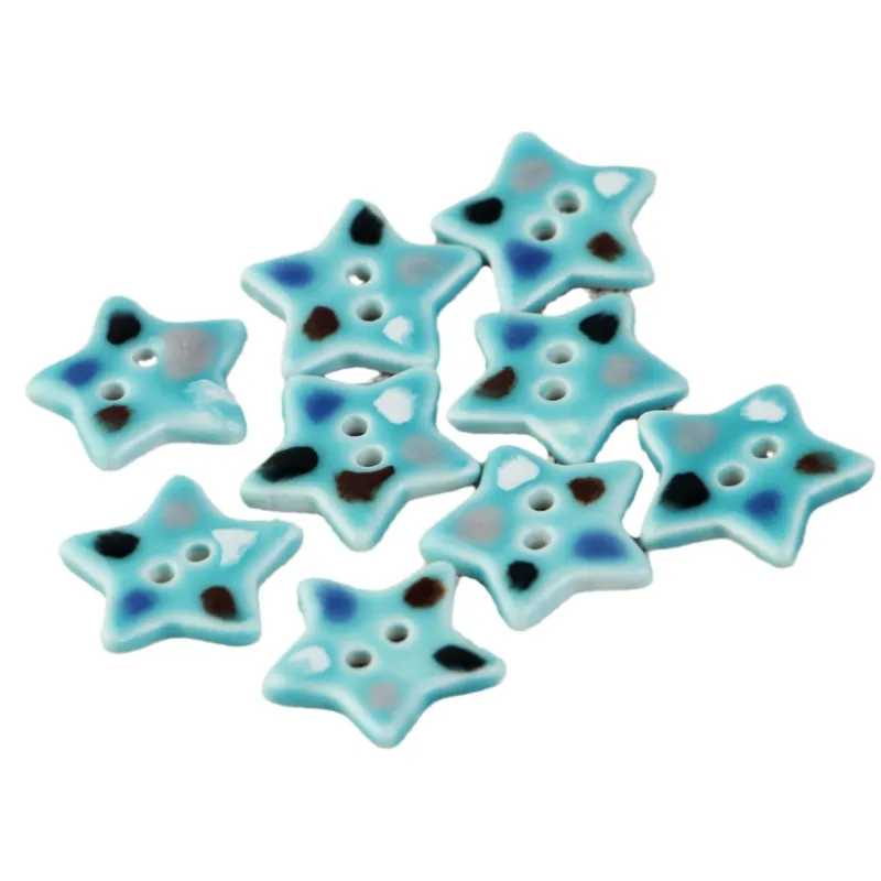 Blue and Pink Ceramic 2 Hole Sewing Buttons with Diverse Shapes 6pcs Star 21mm