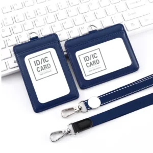 Genuine Leather ID Card Holder Set with Lanyard | Landscape & Portrait (2-Pack) Blue