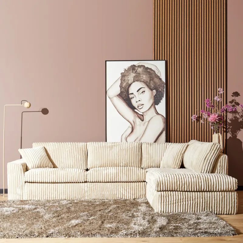 Ecksofa – Beige Stoff, Breite Rippenstruktur, Rechte Ottomane – Teddy | Starfurn
