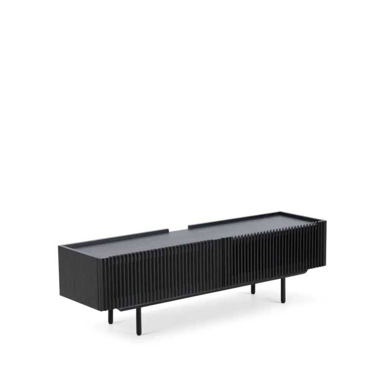 TV-Lowboard – Schräges Eichenlamellen-Design, Soft-Close-Scharniere, Kabelmanagement-Öffnungen – Louvre | Njordec
