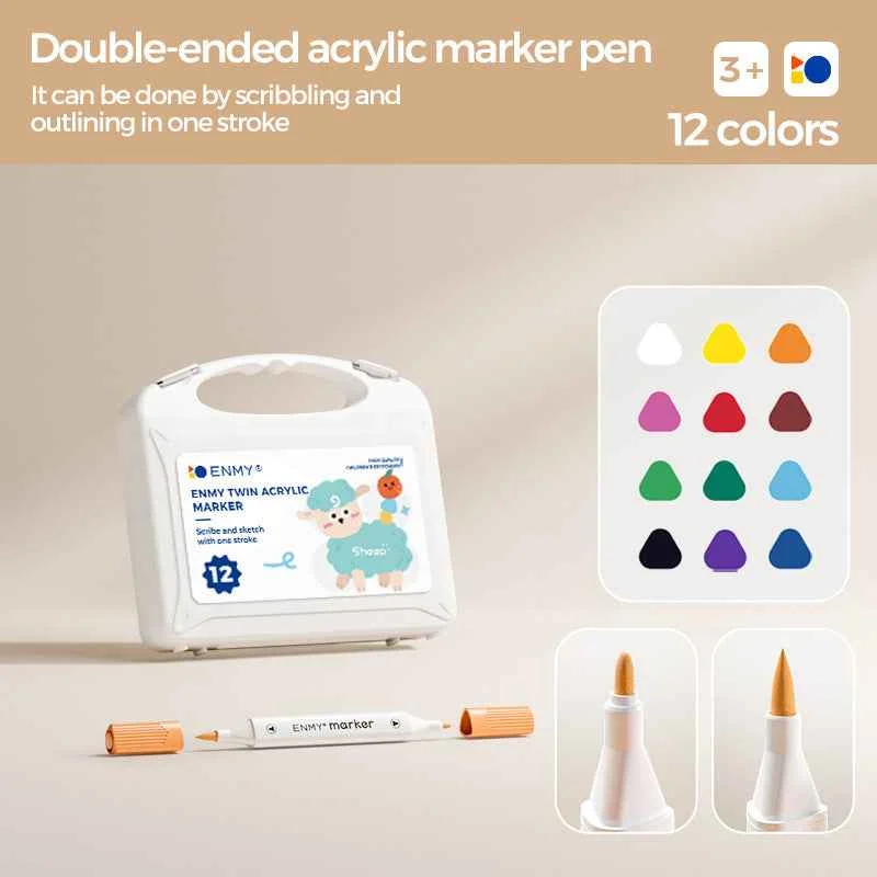 ENMY Kids Dual-Tip Acrylic Markers – Soft & Hard,12/24/36/48/60 Colors 12 Color