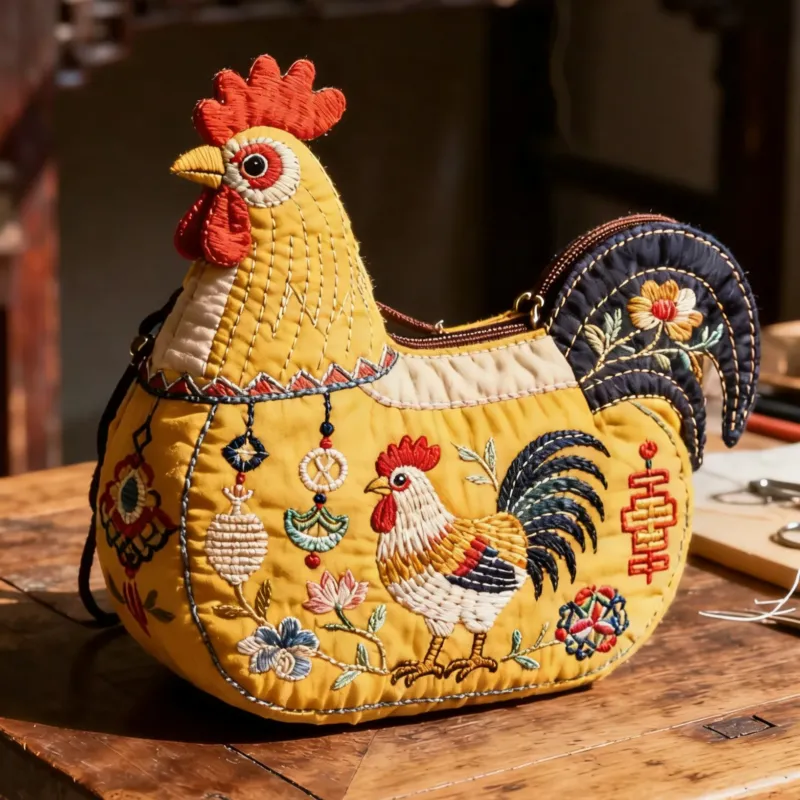Handmade Rooster Embroidery Tote Bag – New Chinese Style Large-Capacity Fabric Shoulder Bag A