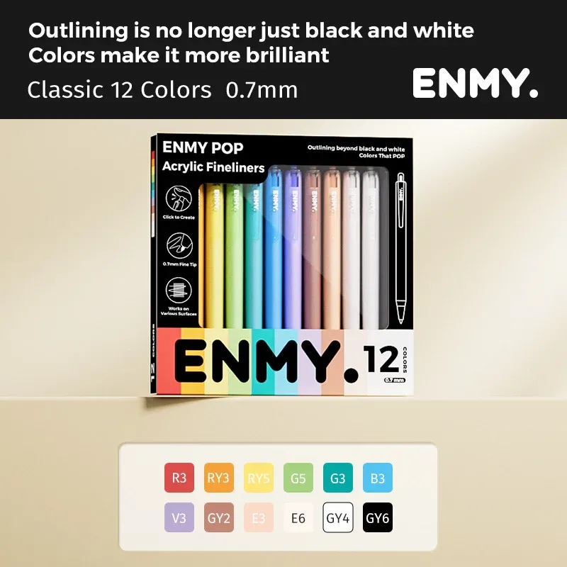 ENMY Rainbow Retractable Acrylic Liner Pen Set | Colored Gel Pens 0.7mm 12 Colors