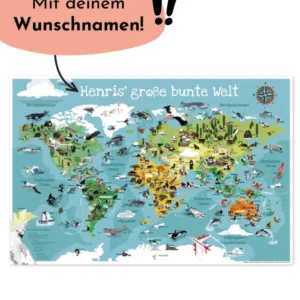 Kinder Weltkarte bunt POD personalisiert mit Namen