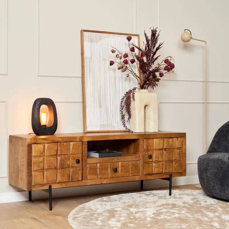 TV-Möbel - Mangoholz Gestreift, Blockmuster Design, Metallbeine, 150 cm – Brandy | Starfurn