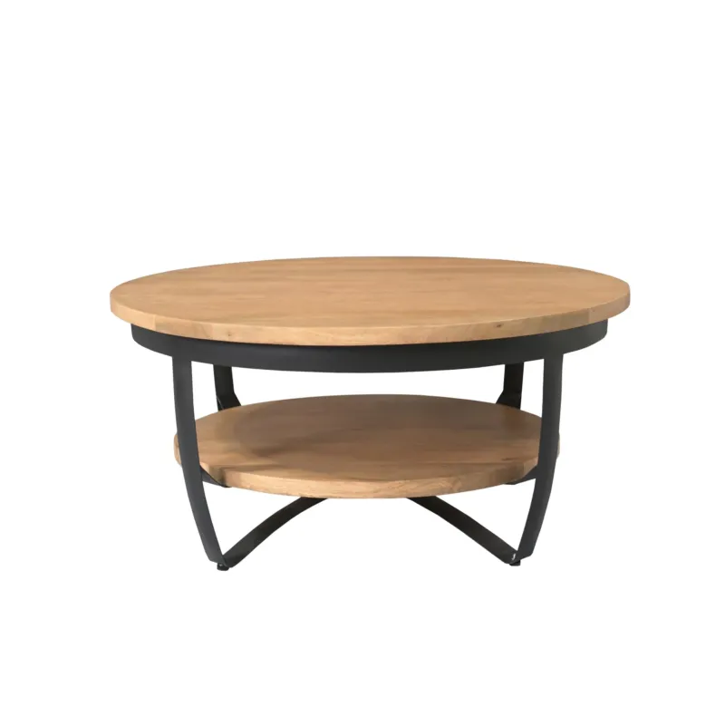 Couchtisch - Mangoholz Hell, Metall Schwarz, Rund Form, 90 cm – Paras | Starfurn