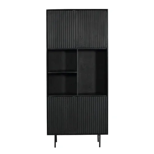schrank - Schwarzes Mangoholz, Vertikale Lamellenfront, Schwarzes Metallgestell, 90 cm – Madison | Starfurn