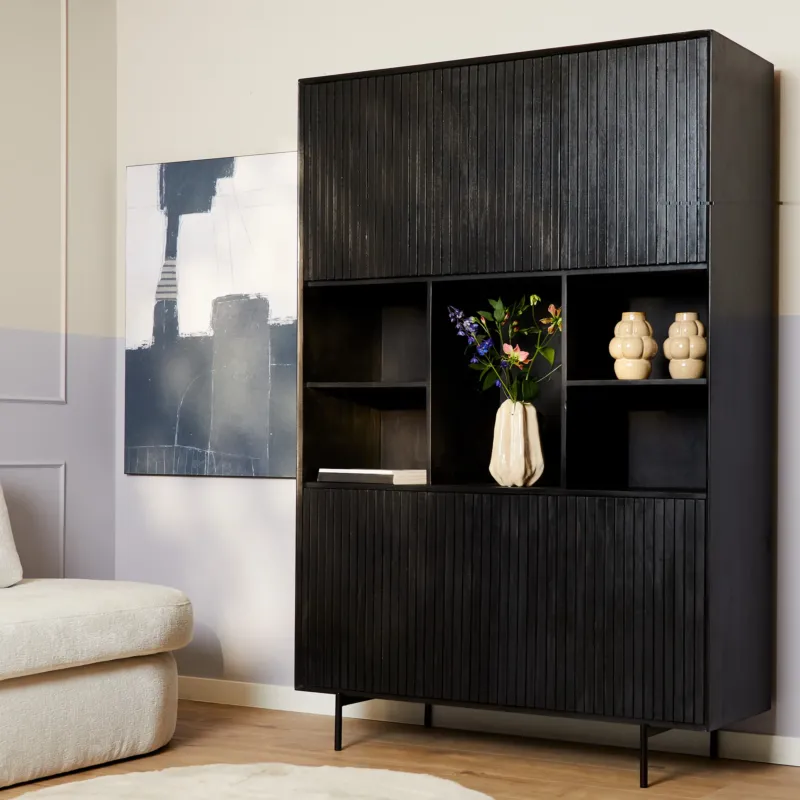 schrank – Mango Holz, Offene Fächer, Schwarzes Finish – Madison | Starfurn