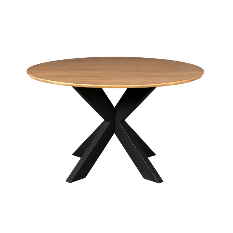 Esszimmertisch - Runde Form, Naturfarbenes Mangoholz, Schwarzes Metallgestell, 110 cm – Madison | Starfurn