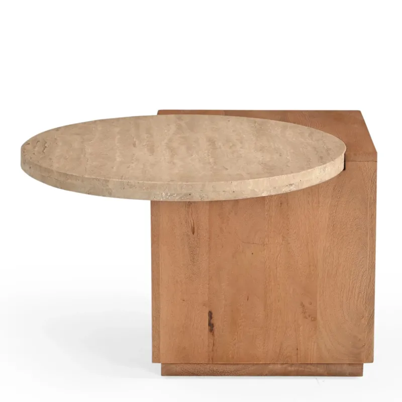 Beistelltisch – Travertin Naturstein Platte, Massives Mangoholz, Organisches Design - Numa | Starfurn