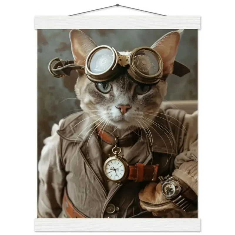 Schoolposter – Singapura Katze, Steampunk Outfit, mattes Papier, Magnet-Holzleisten | St Tropez Art