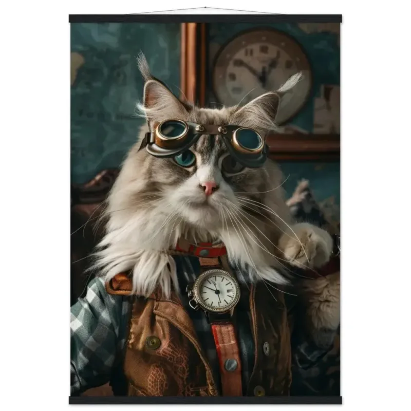 Schulposter - Norwegische Waldkatze Steampunk-Illustration magnetische Kiefernholzleisten mattes schweres Papier | St Tropez Art
