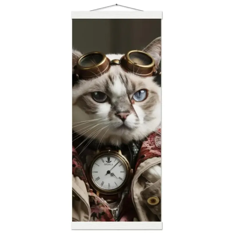 Schulposter - Steampunk-Vintage Singapura Katzenmotiv, mattes FSC-Papier, magnetische Holzleisten | St Tropez Art