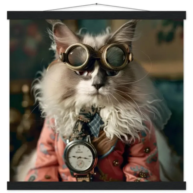 Schulposter - LaPerm-Katze-Motiv, mattes FSC-zertifiziertes Papier, Magnet-Holzleisten aus Kiefernholz, magnetische Holzdübel oben & unten | St Tropez Art