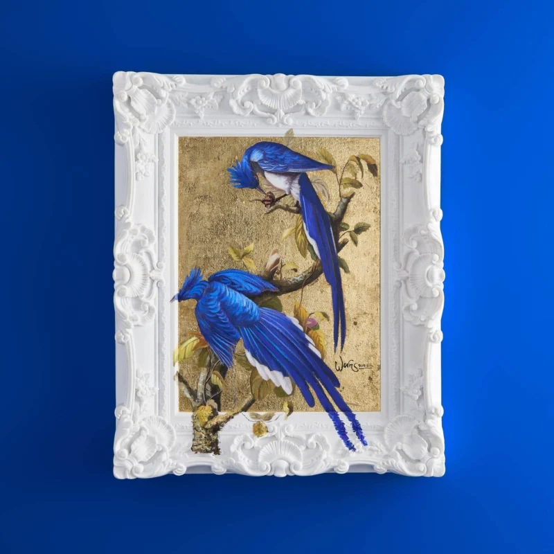 Blue and Gold Leaf Hand - Painting Birds Vogi by Werns - |VESIMI Design| Luxury Bathrooms and Home Decor