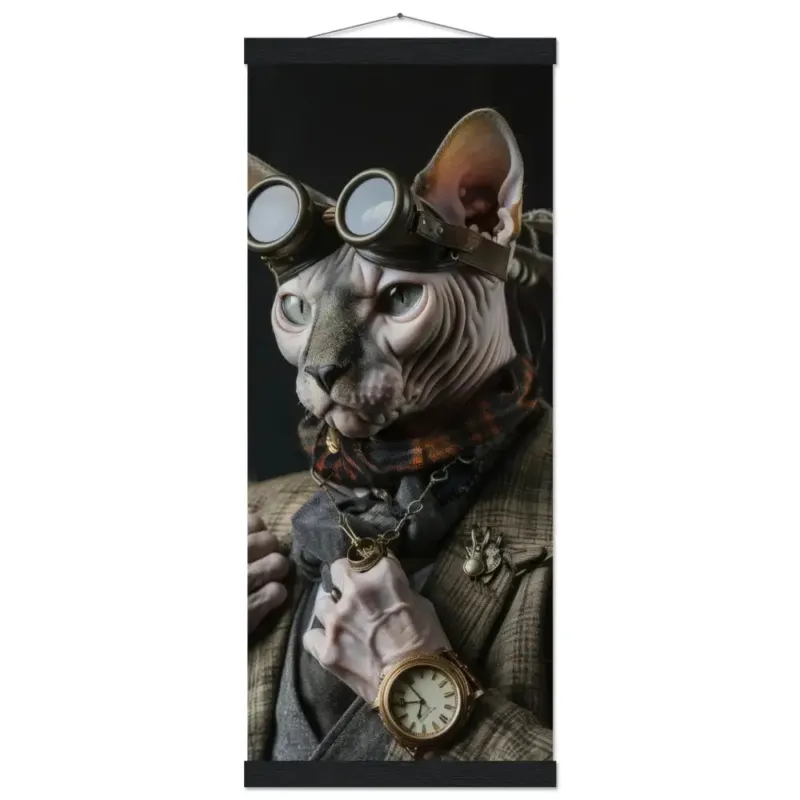 Schulposter - Steampunk-Vintage Sphynx Katzenmotiv, mattes FSC-Papier, magnetische Holzleisten | St Tropez Art