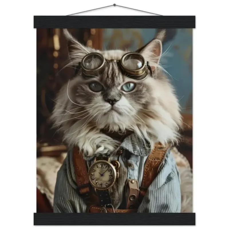 Schulposter – Sibirische-Katze Motiv, Steampunk-Kunstmotiv, Magnetische Holzaufhängung | St Tropez Art