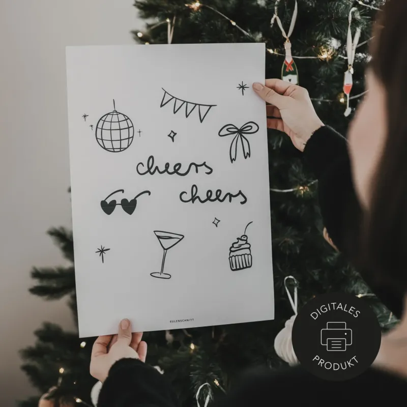 Design Poster mit verschiedenen Illustrationen rund um das Thema cheers und christmas dinner zum Download.