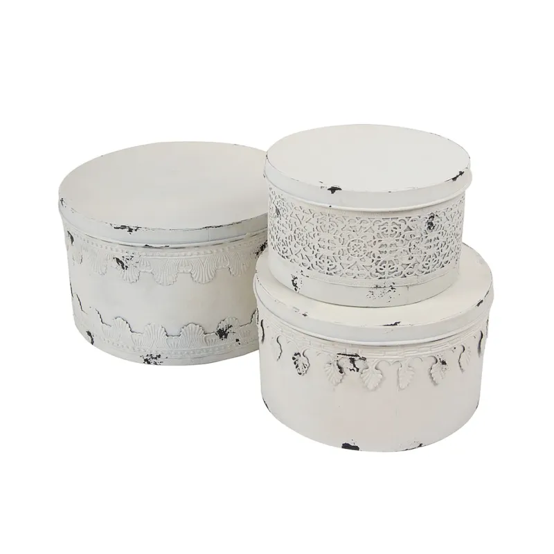 3er Set Deko Dosen rund Antikweiß Metall Eisen Shabby Chick Vintage Dekodosen