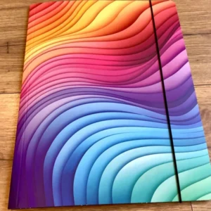In grafischen Wellen in Regenbogenfarben bedruckte Sammelmappe mit Gummizug aus Recyclingpappe. Erhältlich bei Polly Paper - umweltfreundlicher Schulbedarf in Berlin-Mitte