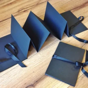 Schwarzes elegantes Fotoleporello aus Recyclingkarton mit Satin-Schleifenband verschließbar. Auch weitere Fotoalben bei Polly Paper in Berliln-Mitte